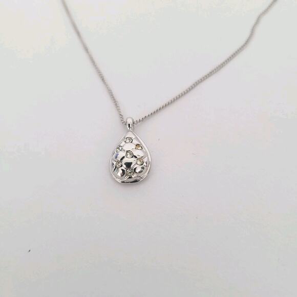 Milano Silver Necklace Pendant Tear Drop Chain 16-18 Rhinestones Minimalistic - Picture 1 of 8